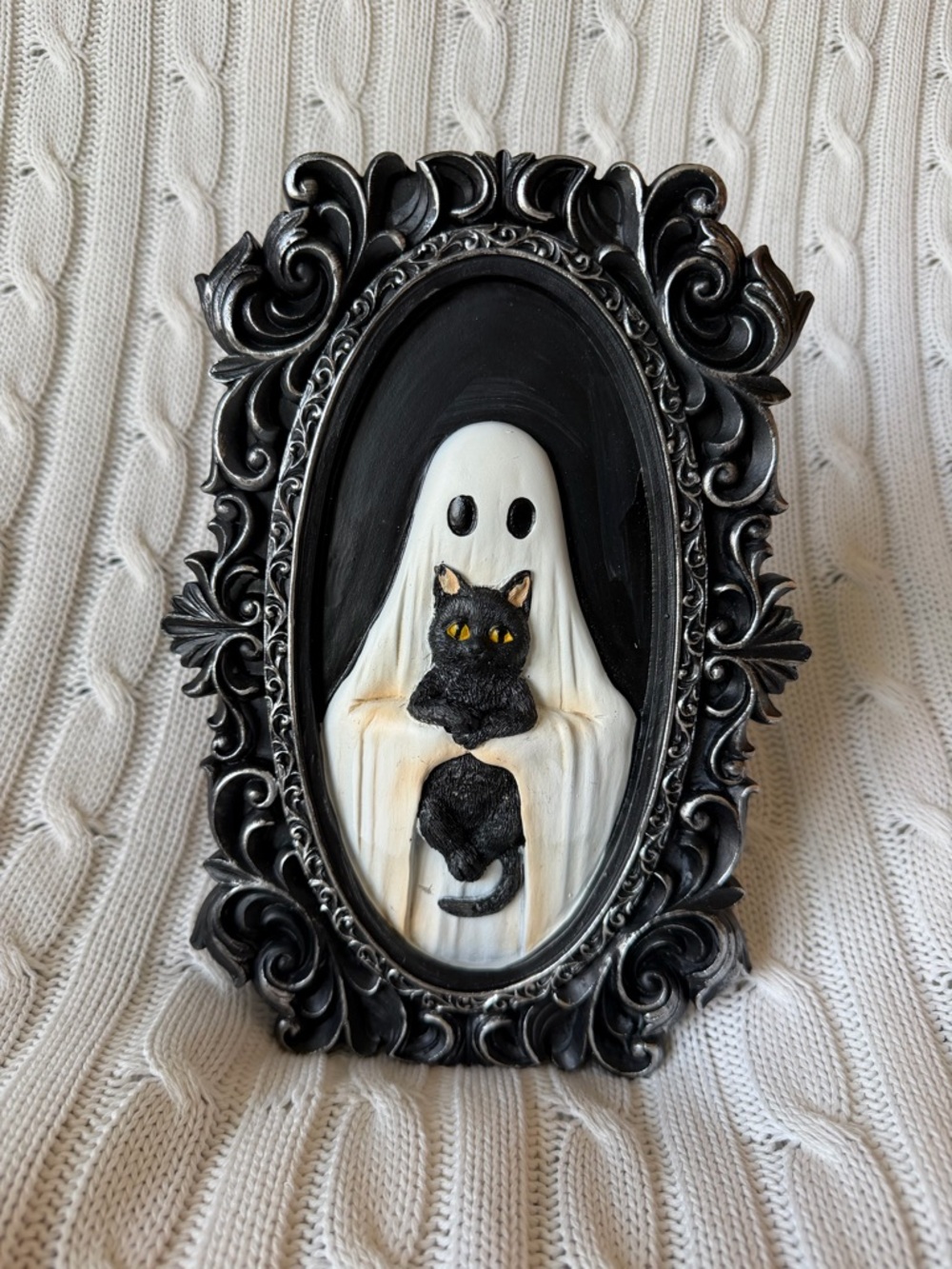 Halloween Ghost with Black Cat Picture Frame NEW Spooky Haunted Horror Decor